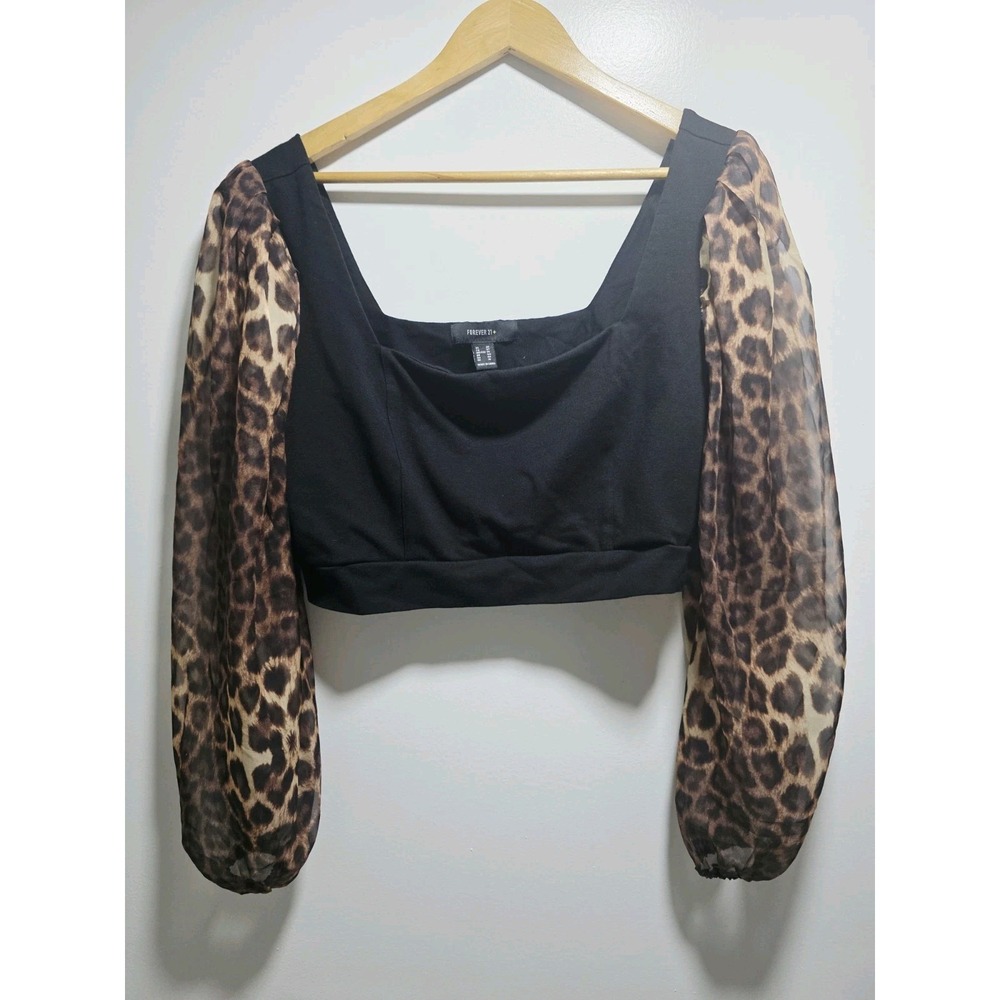 Forever 21 Womens Blouse Crop Top Black Long Sheer Leopard Print Sheer Size OX